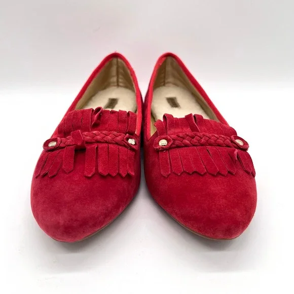 BIRDIES Red Cardinal Suede Flat Womens 9.5 Kiltie Fringe Faux Fur Lined Loafer - Picture 2 of 14